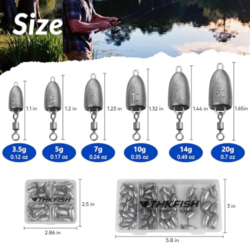 THKFISH Fishing Weights Sinkers, Bullet Fishing Sinkers with Swivel Rolling Slip Sinkers Sliding Weights for Bass Fishing Pitching and Flipping Texas Rigs Saltwater Freshwater Fishing, 3.5g-20g - size: mix-34pcs