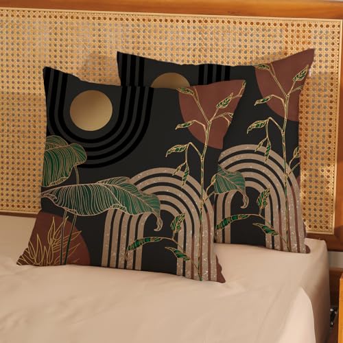 Boho Grey Rust Brown Pillow Covers 18x18 Set of 2 Gold Green Leaf Tropical Mid Century Throw Pillows Outdoor Bohemian Modern Decorative Pillowcase Farmhouse Cushion Case for Couch Sofa Decor - color: Mid Century-brown Background, size: 18" x 18" (Pack of