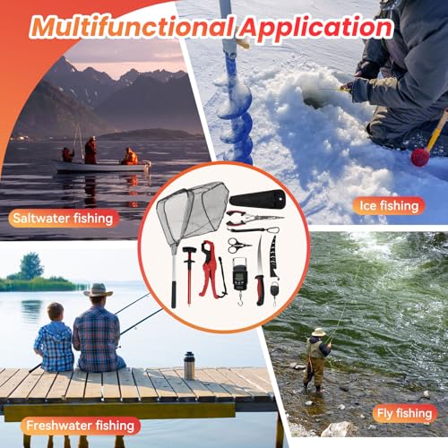 RAWILL 9 Pcs Fishing Tool Kit, Fishing Pliers with Lanyard and Protective Sheaths, Landing Net, Fillet Knife, Fish Scale, Gripper - color: Red