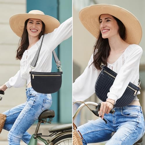 Woven Crossbody Bags for Women Leather Belt Bum Sling Purse Fanny Waist Pack Chest Shoulder Bag for Women-Black - color: Black