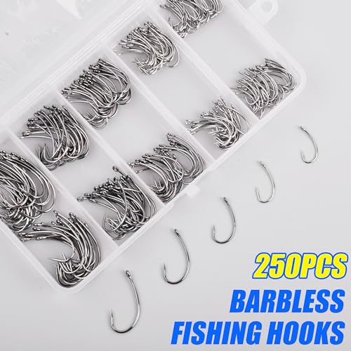 Barbless Fishing Hooks Kit, 250pcs Carp Hooks Small Sizes Barbless Trout Hooks Circle Curved Shank Fly Tying Hooks Circle Hooks for Hair Rig Carp Fishing Tackle Saltwater Freshwater
