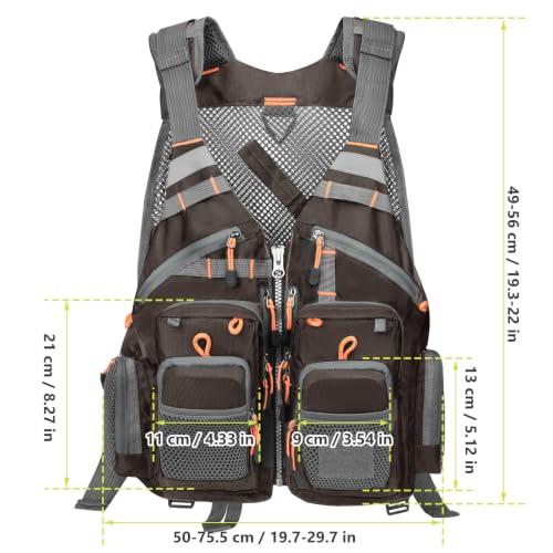 Gonex Fly Fishing Vest for Men Women, Comfortable Adjustable Fishing Vest with Multi-Pockets Reflective Stripes - color: Dark Brown