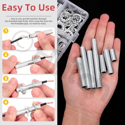Hilitchi 140PCS M10 Lamp Pipe Nipple Hollow Lamps Repair Part Hardware Hollow Lamp Rod Assortment Kit Includes Flat Washer Teeth Washer Hex Nuts for Light Fittings Outdoor Lamps