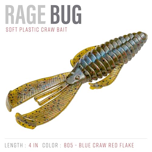 Strike King Rage Bug Fishing Lure, Soft Plastic Grub, Unique Design, Subtle Action - color: Blue Craw with Red Flake, size: 4"