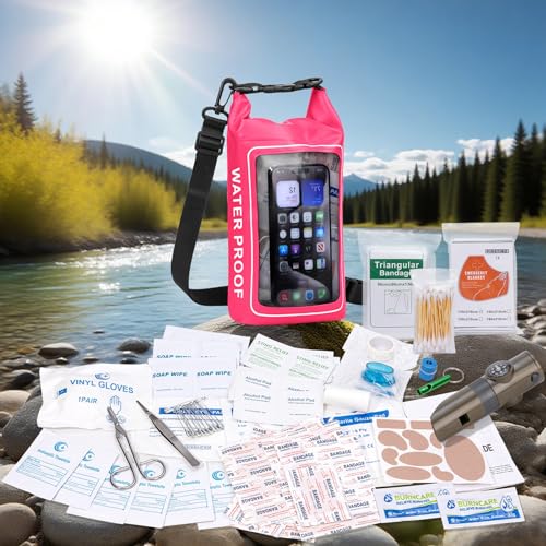 154 Pieces Waterproof Boat First Aid Kit Dry Bag with Out Bags Pouch Roll Top Boat Emergency Kit 2-in-1 for Camping Fishing Kayaking Swimming Rafting - color: Pink