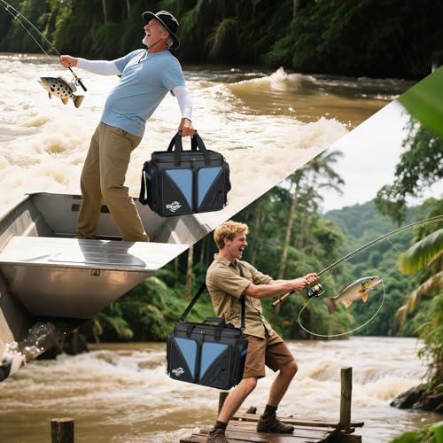 Handor Waterproof Fishing Tackle Bag, Large Saltwater Resistant Storage, 1000D PVC Material, Holds 3600 3700 Trays (Black and Blue, Medium Bag) - color: Black and Blue, size: Medium Bag