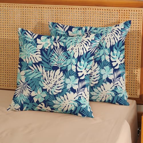 Navy Blue Summer Outdoor Pillow Covers 16x16 Inch 2 Pcs Aqua Teal Palm Leaves Tropical Leaf Decor Throw Pillows Botanical Coastal Decoration Pillowcase Linen Cushion Cover for Couch Sofa - color: Navy Blue Teal Palm, size: 16" x 16" (Pack of 2)