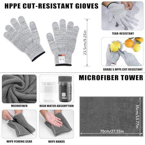 Fishing Tool Kit, 12 Pieces Fishing Gear, Fishing Pliers with Lanyard, Fillet Knife, Fish Lip Gripper, Fly Ice Fishing Hook Knotter, Anti-Cutting Gloves