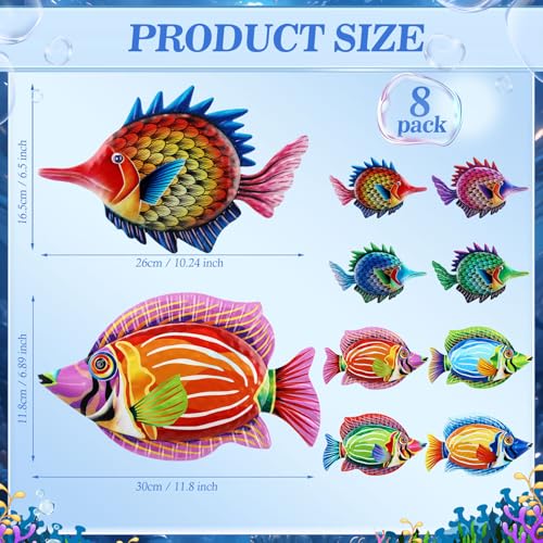 Tandefio 8 Pcs Metal Wall Decor Wall Art Hanging Decorations Outdoor Indoor Sculptures for Garden Fence Pool Home Porch(Colored Fish) - style: Colored Fish