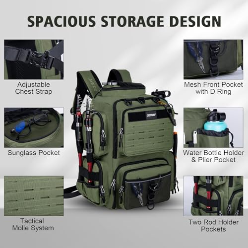 Goture Fishing Backpack,900D Water-Resistant Tackle Backpack with Rod Holders, SBS Zippers,45L Large Fishing Bag Storage Gear Tackle Bag with Rain Cover, Bottle Holder for Travel Camping Hiking - color: A1:Army Green(Only Bag), size: Without Tackle Boxes