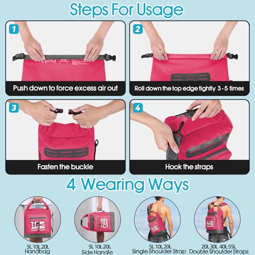 MORXPLOR Dry Bag Waterproof,5L/10L/20L/30L/40L/55L Roll Top Dry Bag Backpack with WaterProof Phone Case for Swim,Kayak - color: Rose Red, size: 10Liter