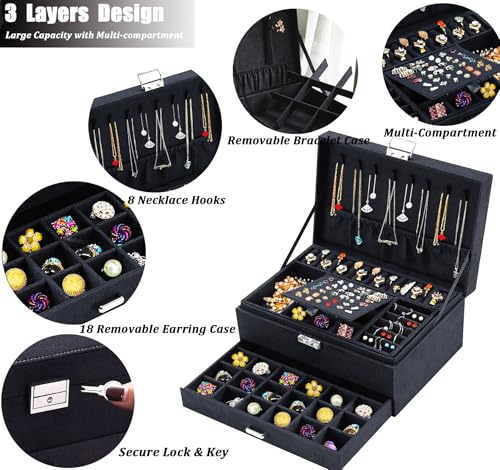 QBestry Jewelry Box for Women with Drawer, 3-Layer Large Jewelry Organizer with Lock & Key, 8 Necklace Hooks & 56 Earring Holes, Black Velvet Jewelry Storage Box for Necklaces Earrings Rings Bracelets - color: Black