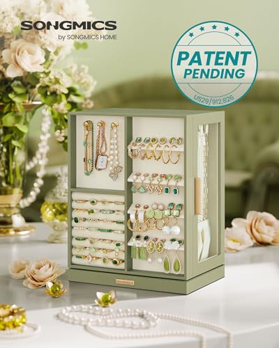 SONGMICS GISELLA Collection - Jewelry Box Organizer 360° Rotating, Vertical Jewelry Storage Case with 5 Drawers, Glass Window, Spacious, Open Design, Great Gift, Laurel Green UJBC170C02 - color: Laurel Green, size: 5 Drawers (6.3"d X 8.7"w X 11.2"h)