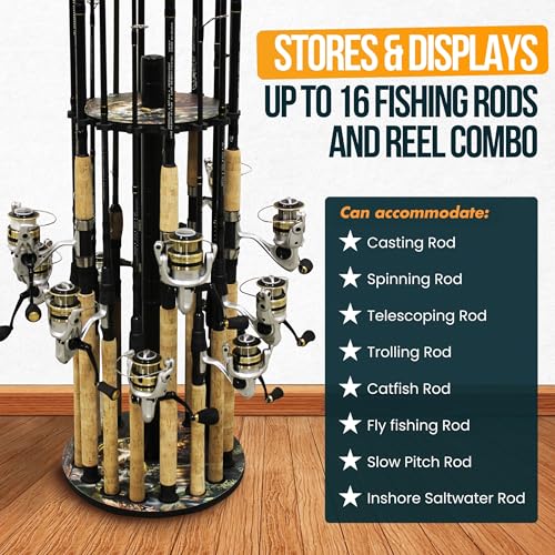 Rush Creek Creations 16-Rod Round Fishing Rod Holder for Garage, 360° Access Fishing Pole Holder for Rods, Reels, Gear, Accessories, and Tackle Box, Securely Holds 16 Rods, Bass - color: Bass