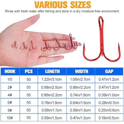 50 Pack Fishing Treble Hooks Kit High Carbon Steel Fish Hook Strong Sharp Round Bend Split Rings for Lures Baits Saltwater Freshwater Fishing Size 1/0 2 4 6 8 10 - color: Red, size: 10# - 50pcs
