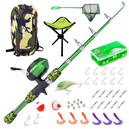 Lanaak Kids Fishing Pole, Kids Portable Telescopic Fishing Rod Set, Tackle Box and Fishing Net Combo Kit, Kids Fishing Gear for Boys and Girls Age 5-10 and Youth - color: Camo Green, size: 1.5m or 4.9 FT