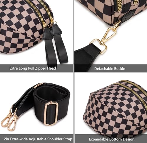 Pure Colour Crossbody Bum Bags for Women Spacious Checkered Cross body Bag Nylon Trendy Fanny Pack for Travel - color: Khaki Black Checkered