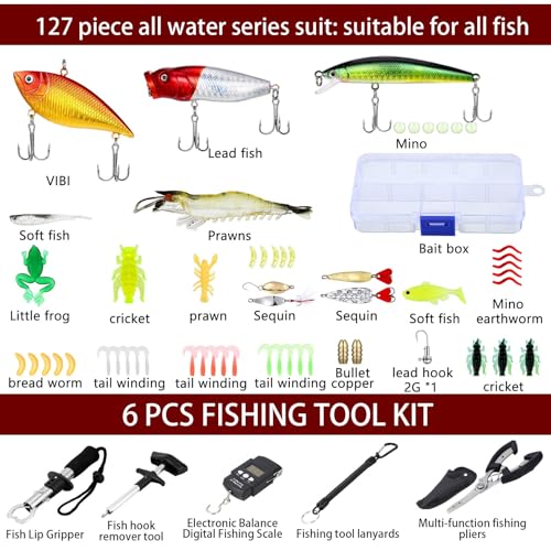 Sosation 482 Pcs Fishing Sling Tackle Bag Set Fish Tackle Box Backpack Storage Fishing Gear and Equipment Included Fish Hook Remover Tool Lures Lip Gripper, Gift for Men - color: Red