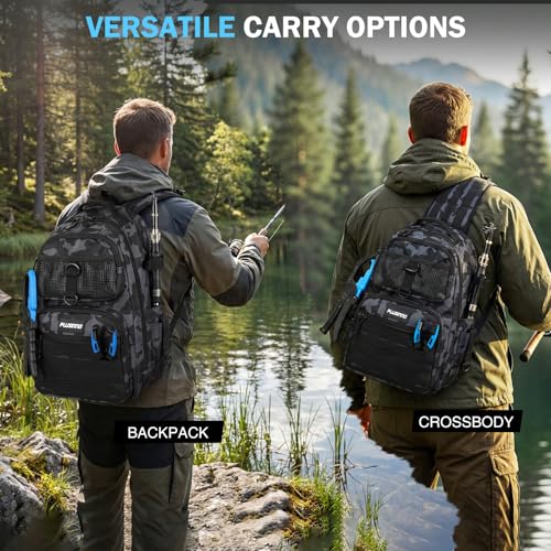 PLUSINNO Fishing Gear, Fishing Backpack with Fishing Rod, Tackle Box, Waterproof Tackle Backpack with Rod Holders,Lures, Tools, Pliers & Accessories, Fish Gifts for Men - color: Fishing Backpack with Fishing Rod and reel combo fishing gear