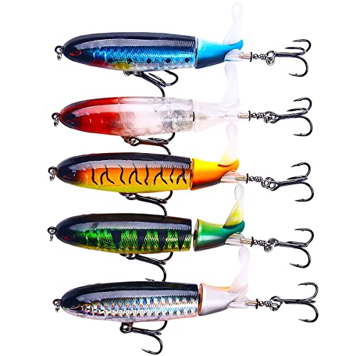Topwater Fishing Lures With Storage Box, Whopper Popper for Bass, Catfish, Pike, Perch - Floating Pencil Bait With Rotating Tail for Freshwater or Saltwater - color: Yellow