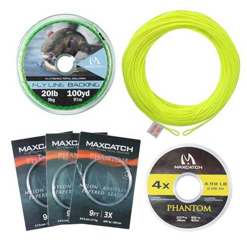 Maxcatch Fly Fishing Line Combo Kit, Weight Forward Floating Line with Two Welded Loops, Backing Line, Tapered Leader and Tippet - color: Fluo Yellow, size: WF6F-100FT