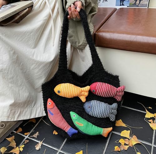 Knitted Beach Shoulder Bag for Women 3D Fish Bohemian Tote Versatile Purse Soft Hobo Handbag for Summer Vacation 2026 - color: E Black