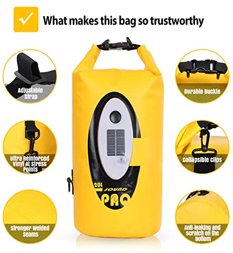 Qoolife Dry Bag Waterproof with Solar Bluetooth Speaker & Light - 10L/20L Roll Top Dry Sack Keeps Gear Dry for Men Women Kayaking, Beach, Rafting, Boating, Hiking, Camping and Fishing - color: Yellow with BT Speaker, size: 20L