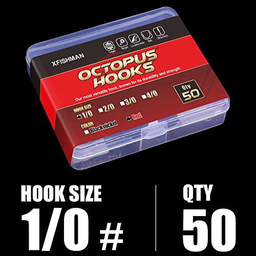 Octopus-Hook-Fishing-Beak-Circle-Hooks-Freshwater-Red-Black-100-50 Pack - color: 1-Red, size: Size:1/0 50-Pack