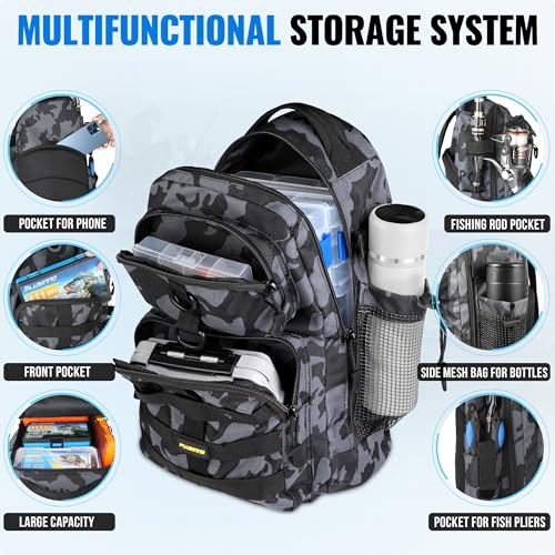 PLUSINNO Fishing Gear- Fishing Rod and Reel Combos, Fishing Backpack, Fishing Net, Fishing Bag with Rod Holders and Tackle Box for Freshwater/Saltwater, Fishing Gifts for Men - style: Black Backpack Tools With Rod&net