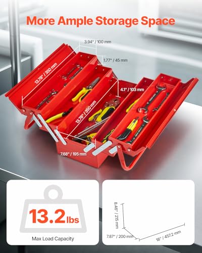 VEVOR Metal Tool Box, 18-inch, 3-Tier 5-Tray Portable Folding Tool Chest Organizer with Handle & Lock Hole, Powder Coated Steel, Cantilever Toolbox for Household Factory Warehouse Repair Shop, Red - style: 3 Tier-5 Tray