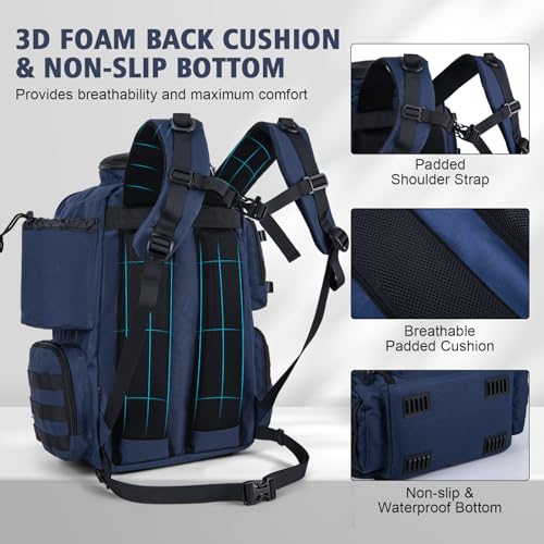 Goture Fishing Backpack,900D Water-Resistant Tackle Backpack with Rod Holders, SBS Zippers,45L Large Fishing Bag Storage Gear Tackle Bag with Rain Cover, Bottle Holder for Travel Camping Hiking - color: A1:Blue(Only Bag), size: Without Tackle Boxes