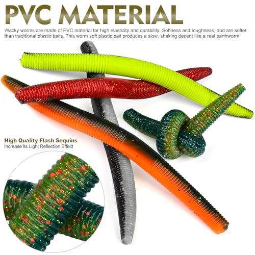 Soft Plastic Worm Bass Fishing Lures, 4"/5" 50/100pcs Plastic Fishing Lure Wacky Worm Rig + 10pcs Grub Baits Hook, Soft Worms Lure Set for Bass (110 Pack) - color: 059-110PCS-4/5 Inch