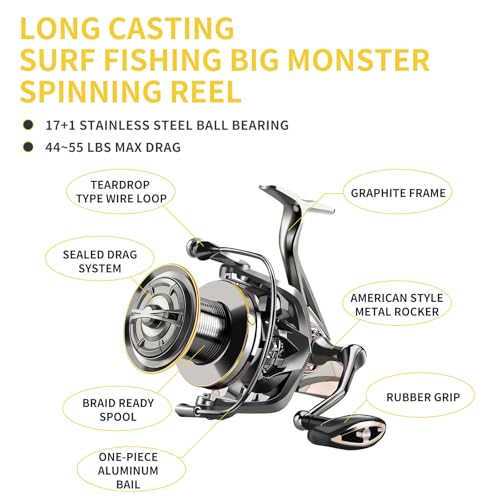 HAUT TON Spinning Reel 8000/9000/10000/12000/14000,6+1BB Metal Surf Fishing Reels,4.8:1 Gear Ratio 55lbs Drag Heavy Long Casting Inshore Saltwater Monster Fish - size: 12000, style: Ht-ngk