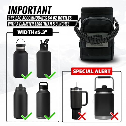 NATURE PIONEOR 32 64 128oz Tactical Water Bottle Pouch, Multi-Function Tactical Water Bottle Bag with Adjustable Shoulder Strap, Half/One Gallon Molle Strap Carrier Holder - color: Black, size: 64OZ