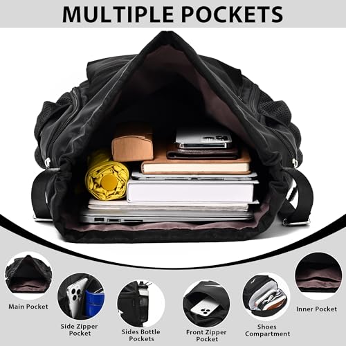 Sport Drawstring Backpack, Gym Bag with Mesh Side Pockets and Separate Shoe Compartment, Water-Resistant (Black) - color: Black