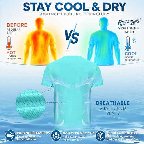 Riverruns Men's UPF 50+ Fishing Shirt, Quick Dry Cooling Short Sleeve Performance Tee with Breathable Mesh Back - color: Light Green, size: Large