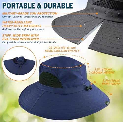 Wide Brim Sun Bucket Hat, Waterproof Boonie Hat for Men & Women | UPF 50+ UV Protection, Adjustable Fit, Chin Strap & Sweatband, Foldable Durable for Fishing Hiking Garden Beach - color: 01 Navy Blue