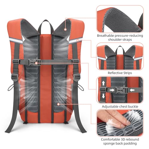 RealCool 20L Lightweight Hiking Backpack, Waterproof Daypack for Camping | 210D tear-resistant nylon, breathable shoulder and back panel, Multi-Compartment,hydration system,reflective strip,bungee net - color: Orange, size: 20L