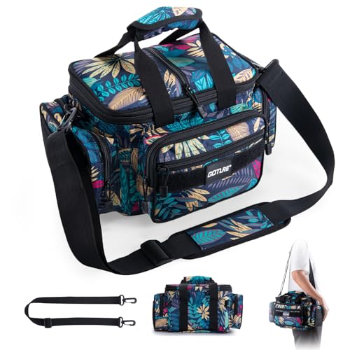 Goture Fishing Tackle Bag, 600D Water-Resistant Soft Side Crossbody Sling Bag for Men & Women,Small Gear Storage Tactical Bags for Saltwater & Freshwater,Fits 3 3600 Tackle Boxes(Not Included) - color: A:Blue Leaf(Without Trays-14.96"x9.06"x7.48"), size: