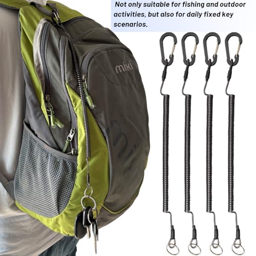 4PCS Retractable Safety Coiled Lanyard, Premium Fishing Lanyard, Stretchy Coiled Lanyards, Fishing Pole Tether, Equipment Tool Tether Leash with Carabiner Clip for Fishing, Pliers, Boating, Outdoors