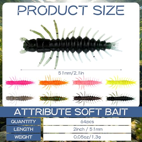 64 Pcs Hellgrammite Fishing Lures 2 Inch Fishing Worm Lures Soft Plastic Hellgrammite Fly Realistic Fish Bait Artificial for Freshwater Saltwater