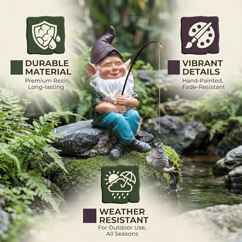 Garden Gnome Fishing Statue, 9.7" Koi Pond Decor with Glow in Dark Pebbles, Great Gift for Mom - color: Gnome Fishing With Luminous Stone