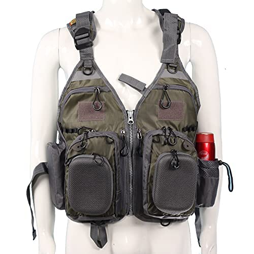 JKSPORTS Fly Fishing Vest - Fishing Safety Life Jacket for Swimming, Sailing, Boating, Kayak - Floating Multifunction Breathable Backpack for Men and Women - Adjustable, Grey/Green/Red/Blue - color: Green and gray, size: with foam