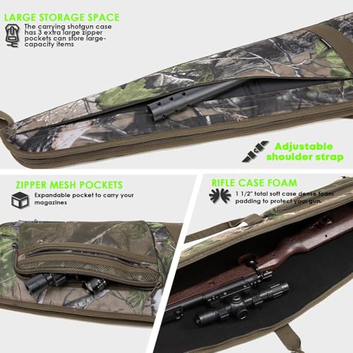 RAVOINCC Rifle Case Soft Shotgun Cases - Water Resistant Gun Carry Bag for Scoped Rifles with 3 Accessory Pockets Adjustable Shoulder Strap Available Length in 46 52 Inch - color: forest Green, size: 52inch