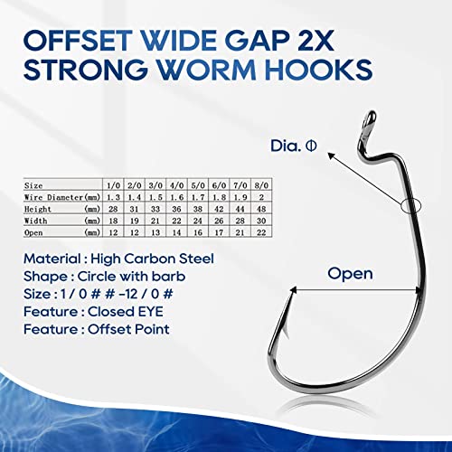 UCEC Fishing Hooks Offset Shank Worm Hooks Extra Wide Gap 2X Strong Carbon Steel Bait Jig for Bass Fishing Trout Catfish Saltwater Freshwater 1/0 2/0 3/0 4/0 5/0 30pcs/Box - size: 3/0 30pcs