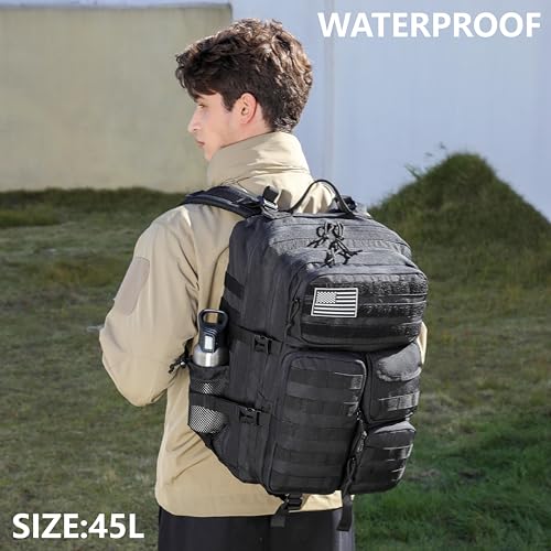 Wotony Tactical Backpack - Military waterproof backpack with multiple pockets and tactical gear for the outdoors (Black, 45L) - color: Black, size: 45L