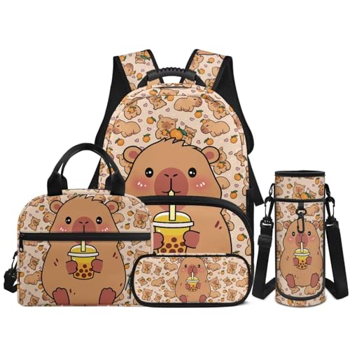 Cute Capybara Backpack for Boys Girls Elementary School Bookbag Satchel 4 Pack Backpacks with Insulated Lunch Bag and Pencil Case Water Bottle Holder Set - color: Capybara Cartoon
