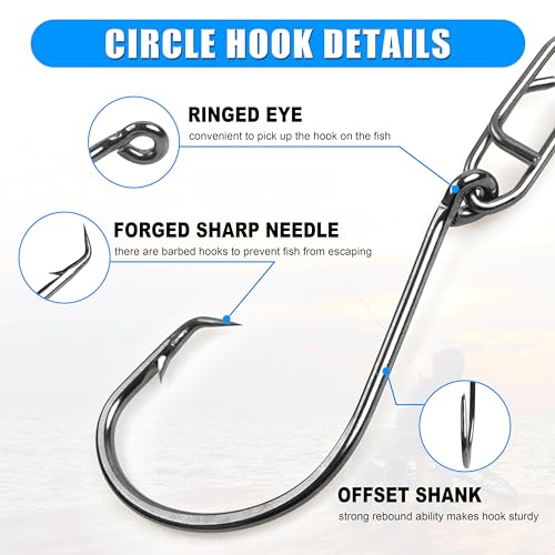 AGOOL Circle Hooks Rigs Saltwater Stainless Steel Leader Wire, 20pcs Heavy Duty Circle Hook with Leader Wire Bass Catfish Fishing Lure Rig for Catfish, Shark, Surf & Bottom Fishing 8/0
