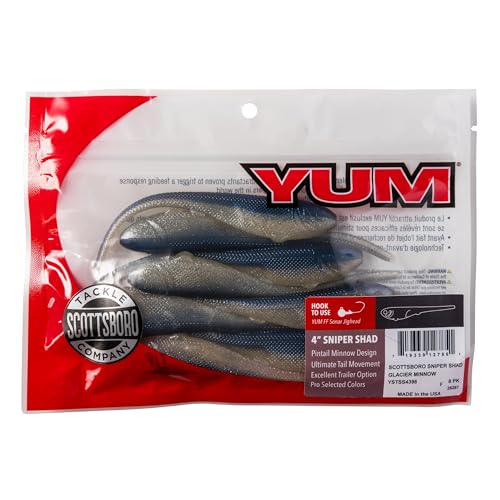 YUM Sniper Shad Soft Plastic – Realistic Minnow Bass Fishing Lure, Jig Head & Underspin Trailer, 3” 4” 5” Sizes, Multiple Colors - color: Glacier Minnow, size: 4"