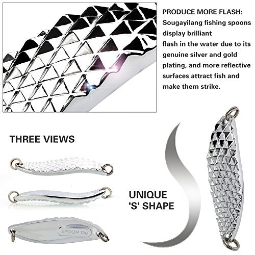Sougayilang Fishing Spoons Hard Fishing Lures Treble Hooks Salmon Bass Metal Fishing Lure Baits 1/2 OZ - color: SILVER 5pcs